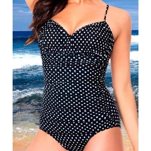 Miraclesuit Rialto 1-PC Swimsuit Spot On 16-18 Black Olive Polk-a-dot Ruched - Picture 2 of 12